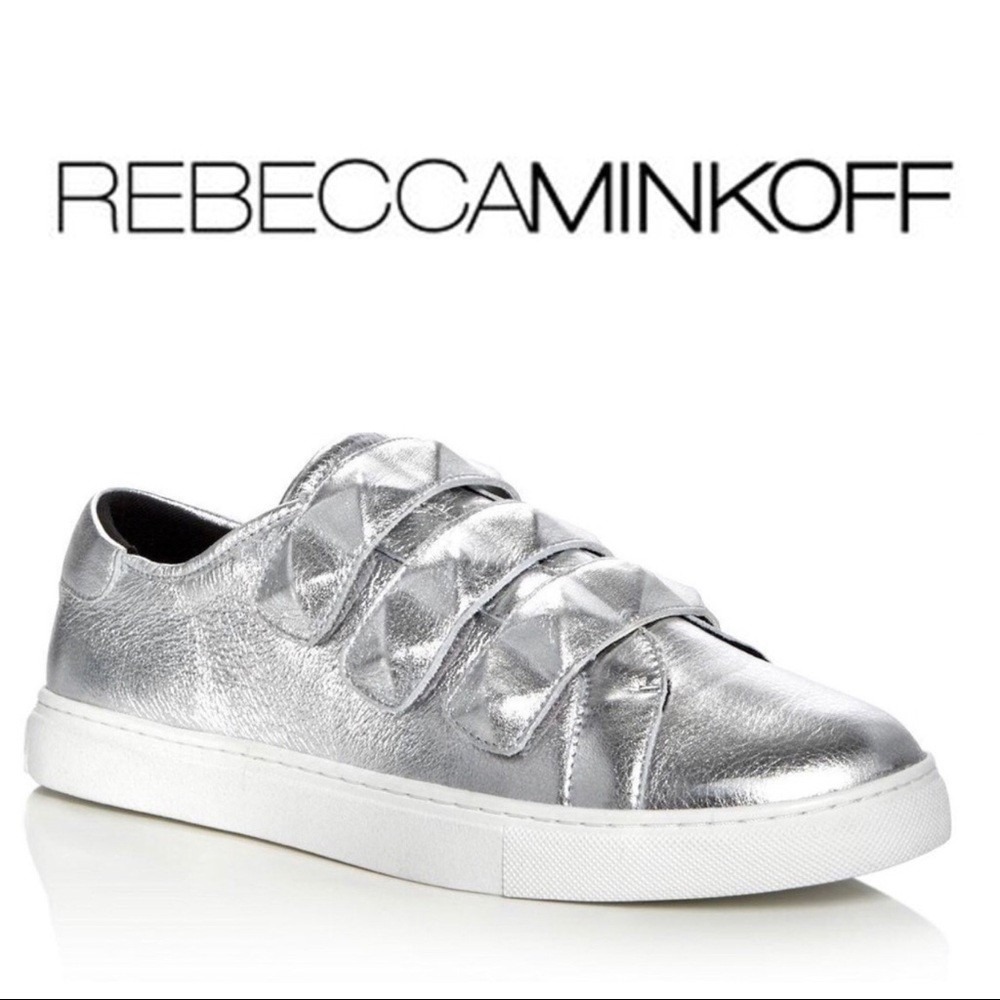 Rebecca Minkoff Sneakers Silver Metallic Leather Triple Strap Sz 7 Low Top Edgy